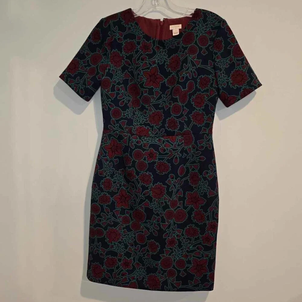J Crew Short-Sleeve Printed Dress - Blue Burgundy Floral Print